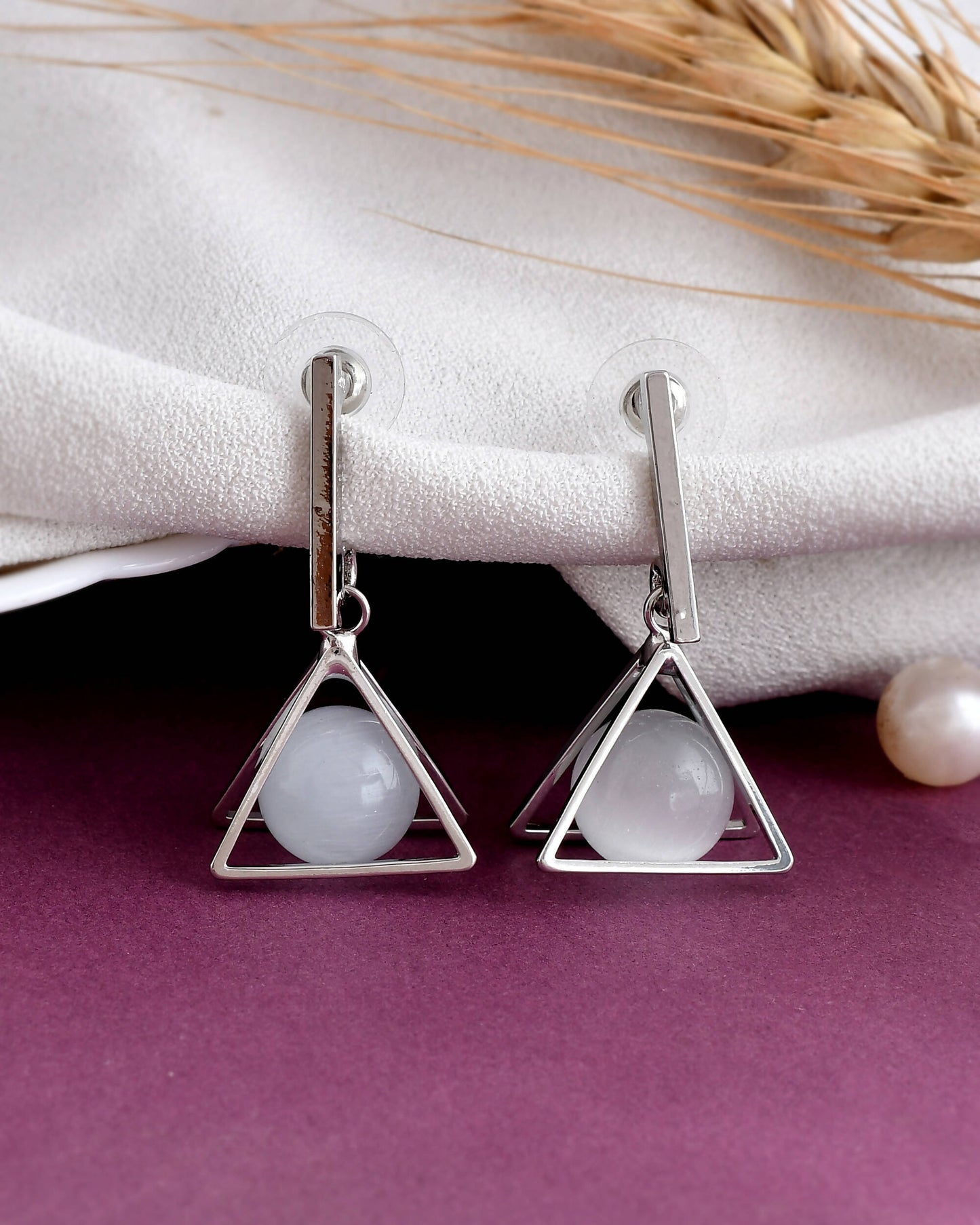 VOJ Women Sliver Triangle with Pearl Stainless Steel Stud Earrings - Swadesiicart