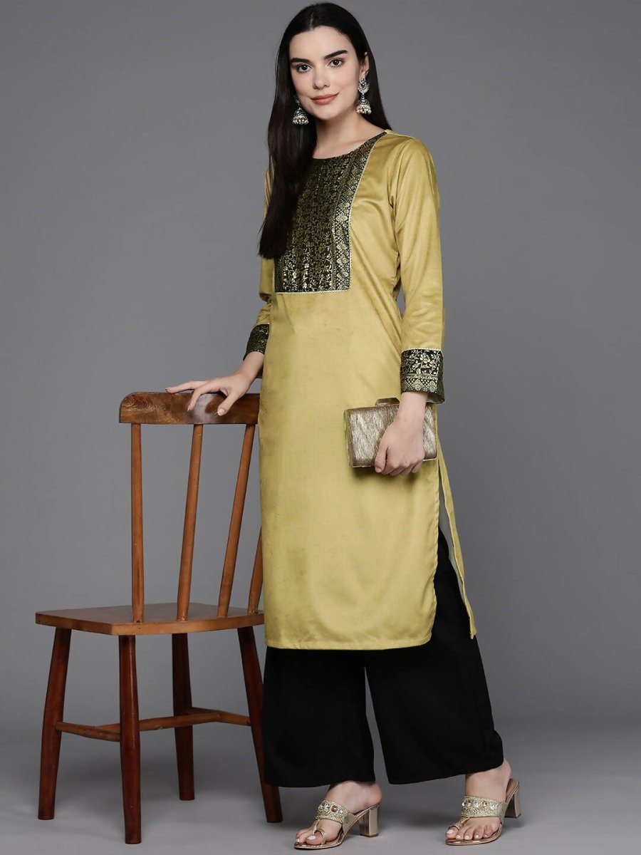 Ahalyaa Women Floral Yoke Design Gotta Patti Velvet Kurta - Mustard Color | Swadesiicart
