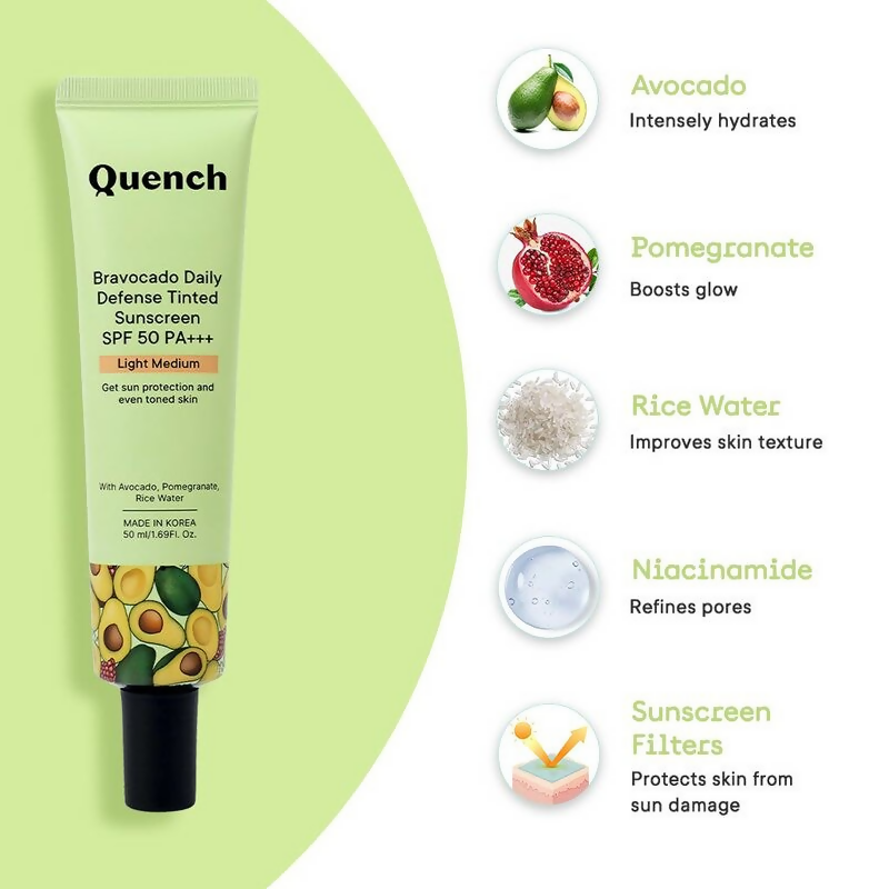 Quench Vitamin E Tinted SPF 50 Sunscreen PA+++ with both Mineral & Chemical Actives (Light Medium) | Swadesiicart