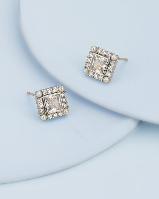 Silver Plated Cz & Pearl Square Stud Earring For Women - Wahe Jewels - Swadesiicart