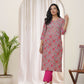 Vaasva Women Charcoal Cotton Printed Straight Kurti With Pant | Swadesiicart
