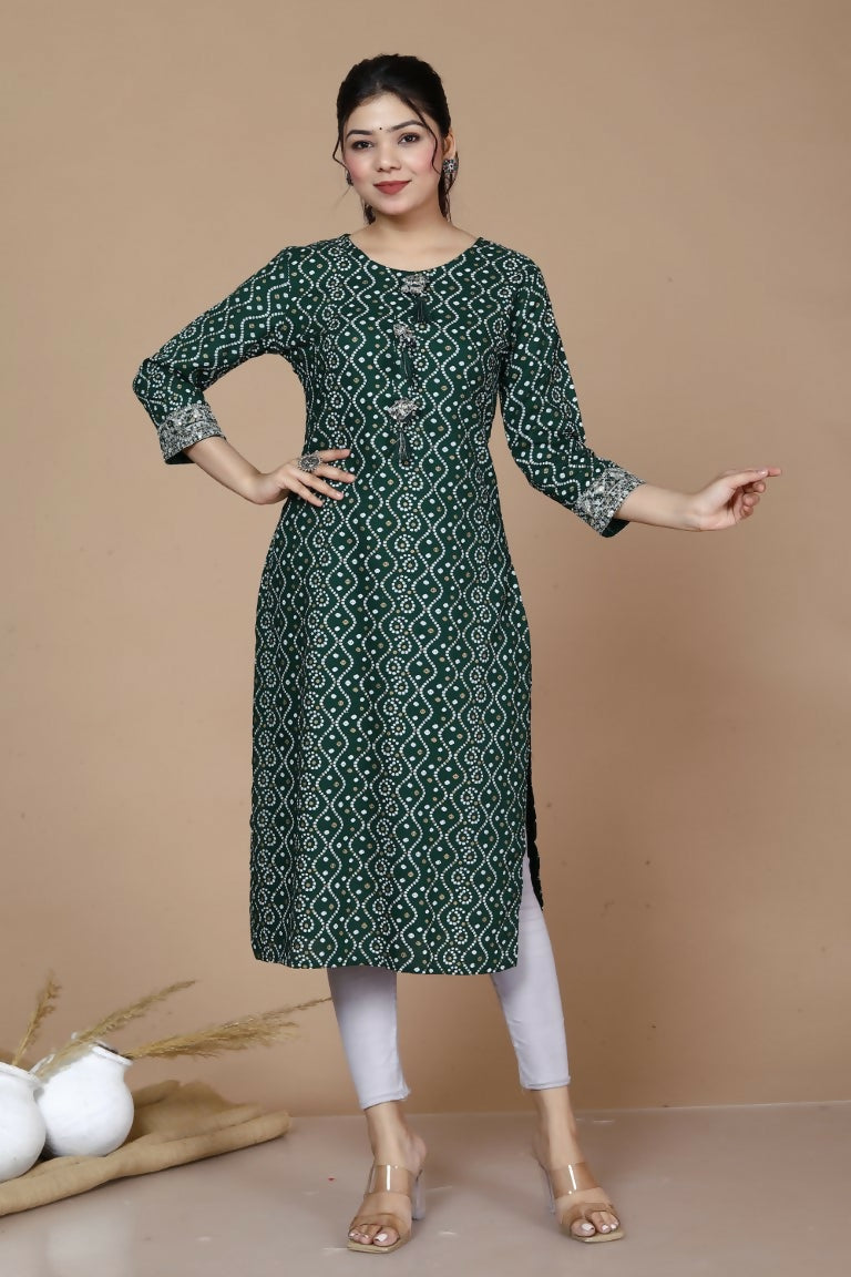 Miravan Women's Rayon Bandhani Print Straight Kurta Green - Swadesiicart