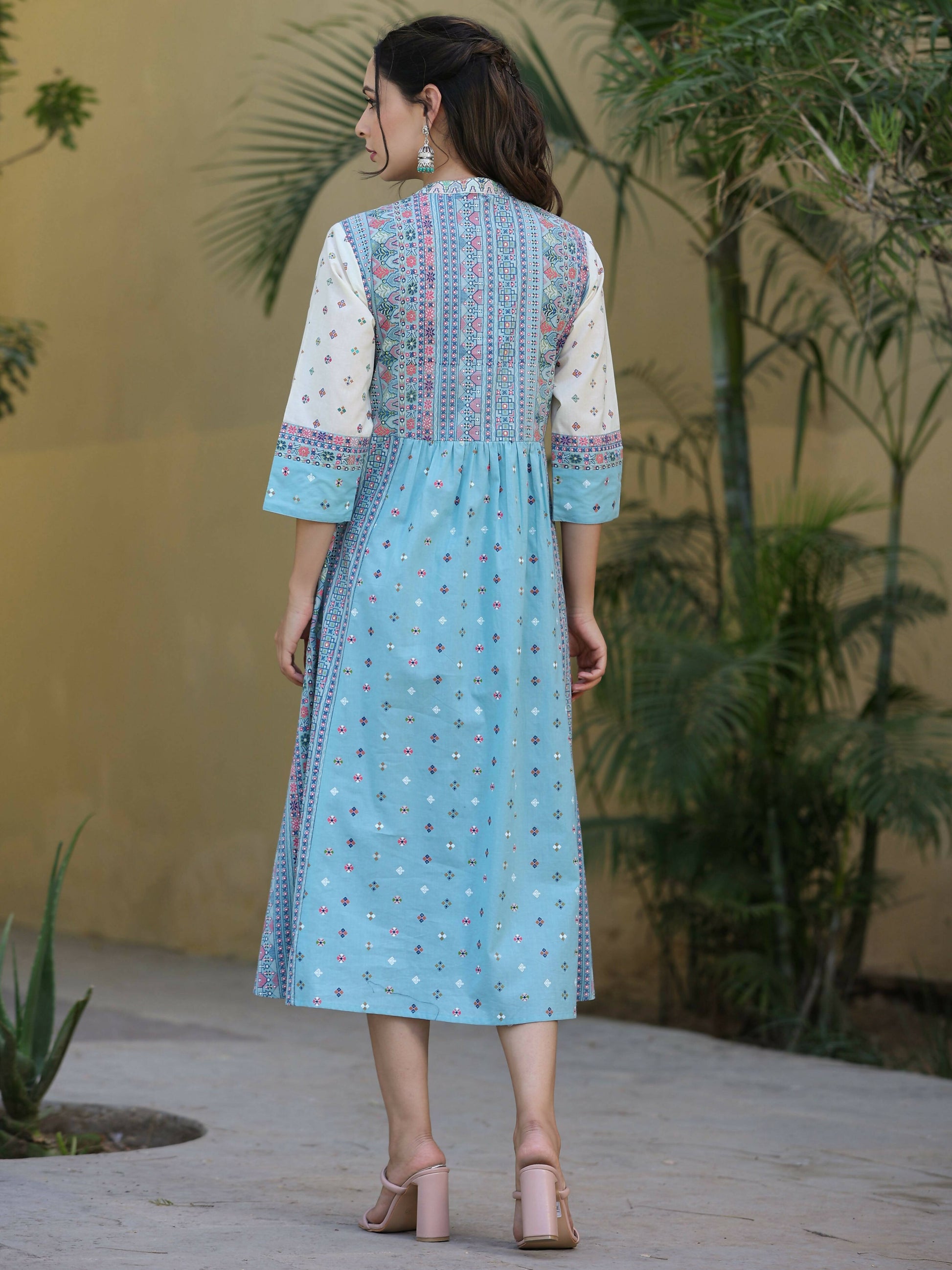 Juniper Women's Skyblue Cambric Printed Flared Dress | Swadesiicart