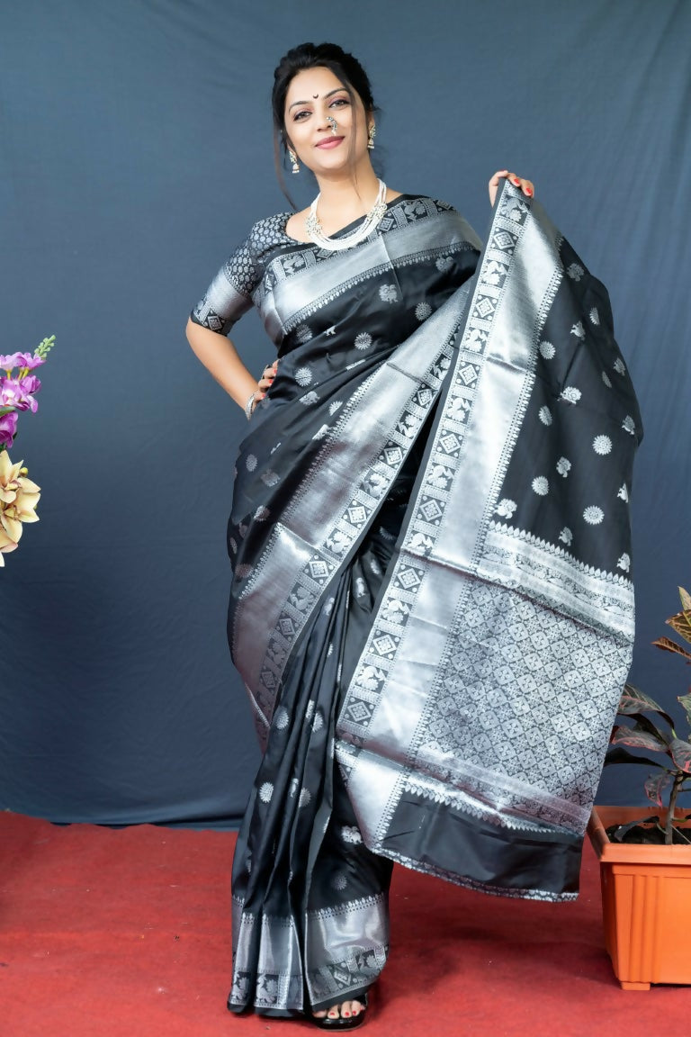 Jyoti Fashion Women's Black Soft Banarasi Silk Zari Woven Saree with Blouse | Swadesiicart