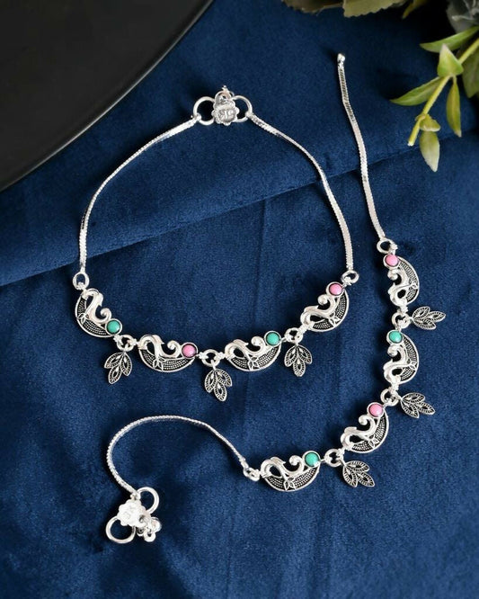 VOJ Set of 2 Silver Plated Multi Color Meenakari Anklet - Swadesiicart