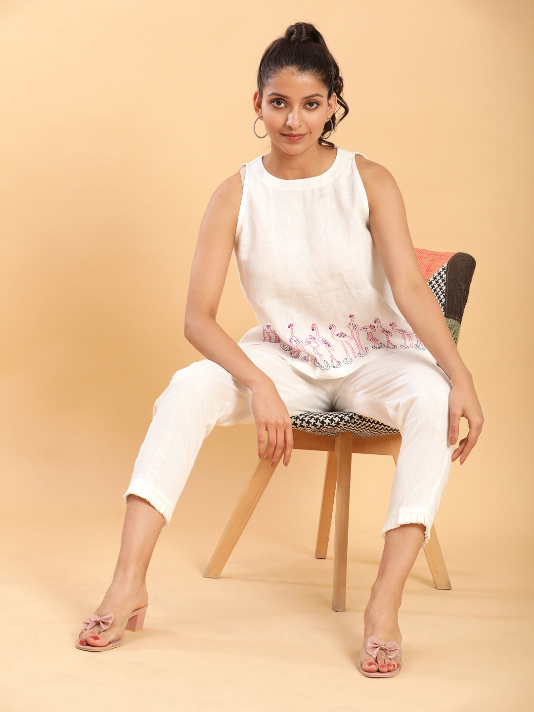 BohoJazz Flamingo Embroidered Linen Co-ord Set - Swadesiicart