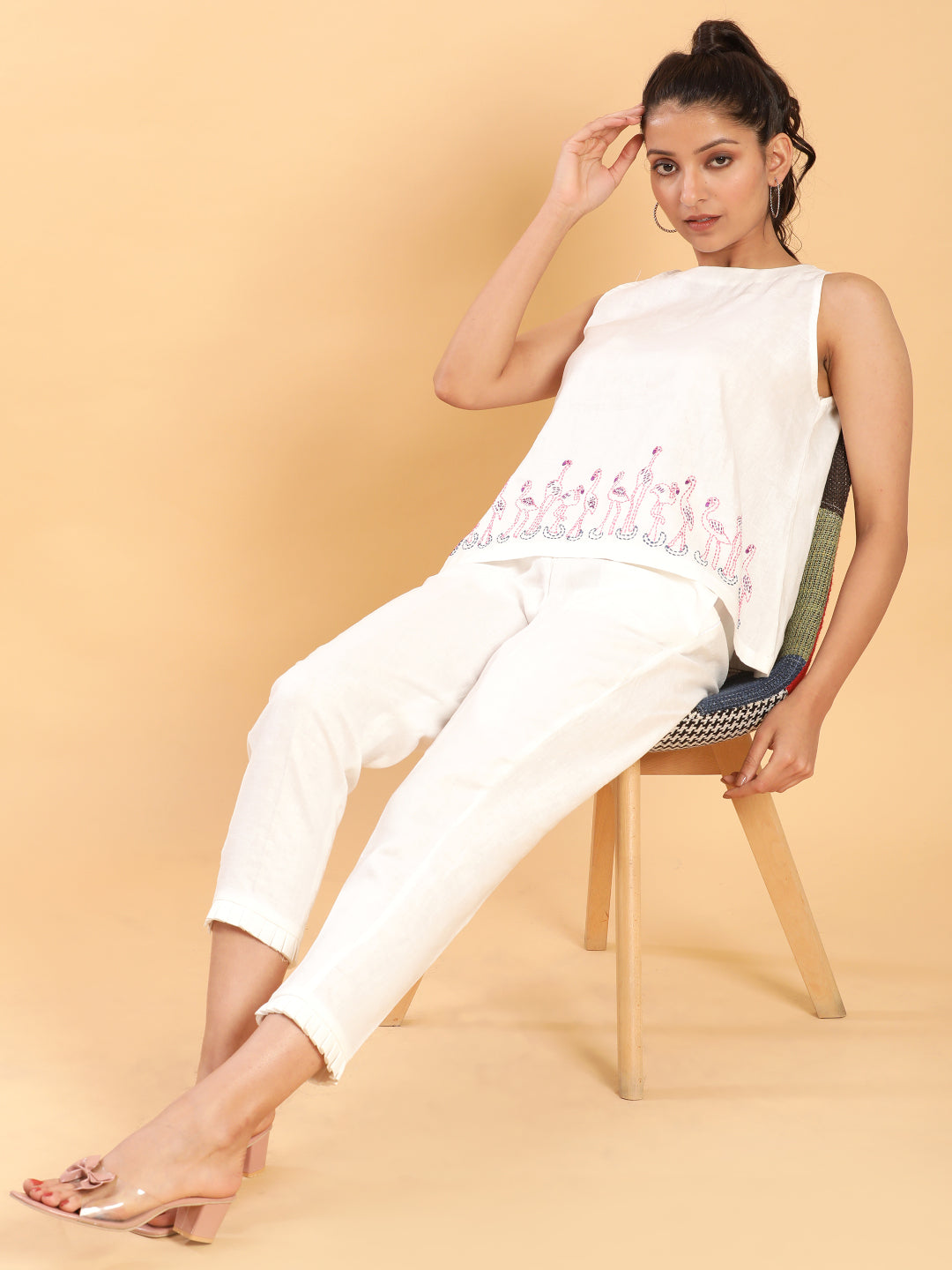 BohoJazz Flamingo Embroidered Linen Co-ord Set - Swadesiicart