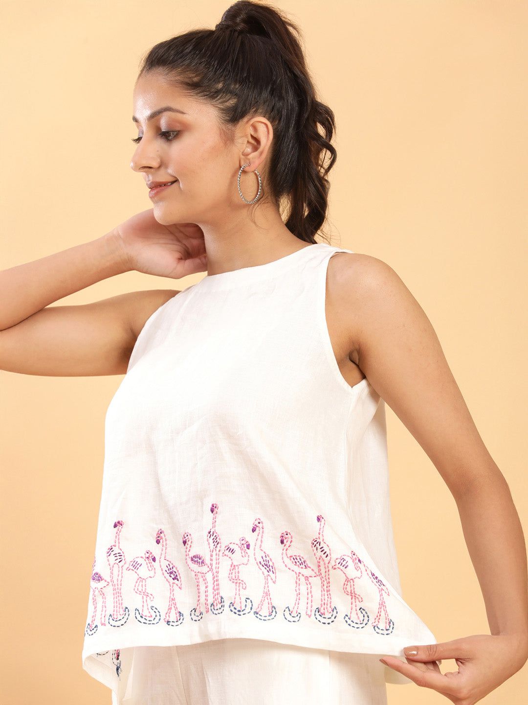 BohoJazz Flamingo Embroidered Linen Co-ord Set - Swadesiicart