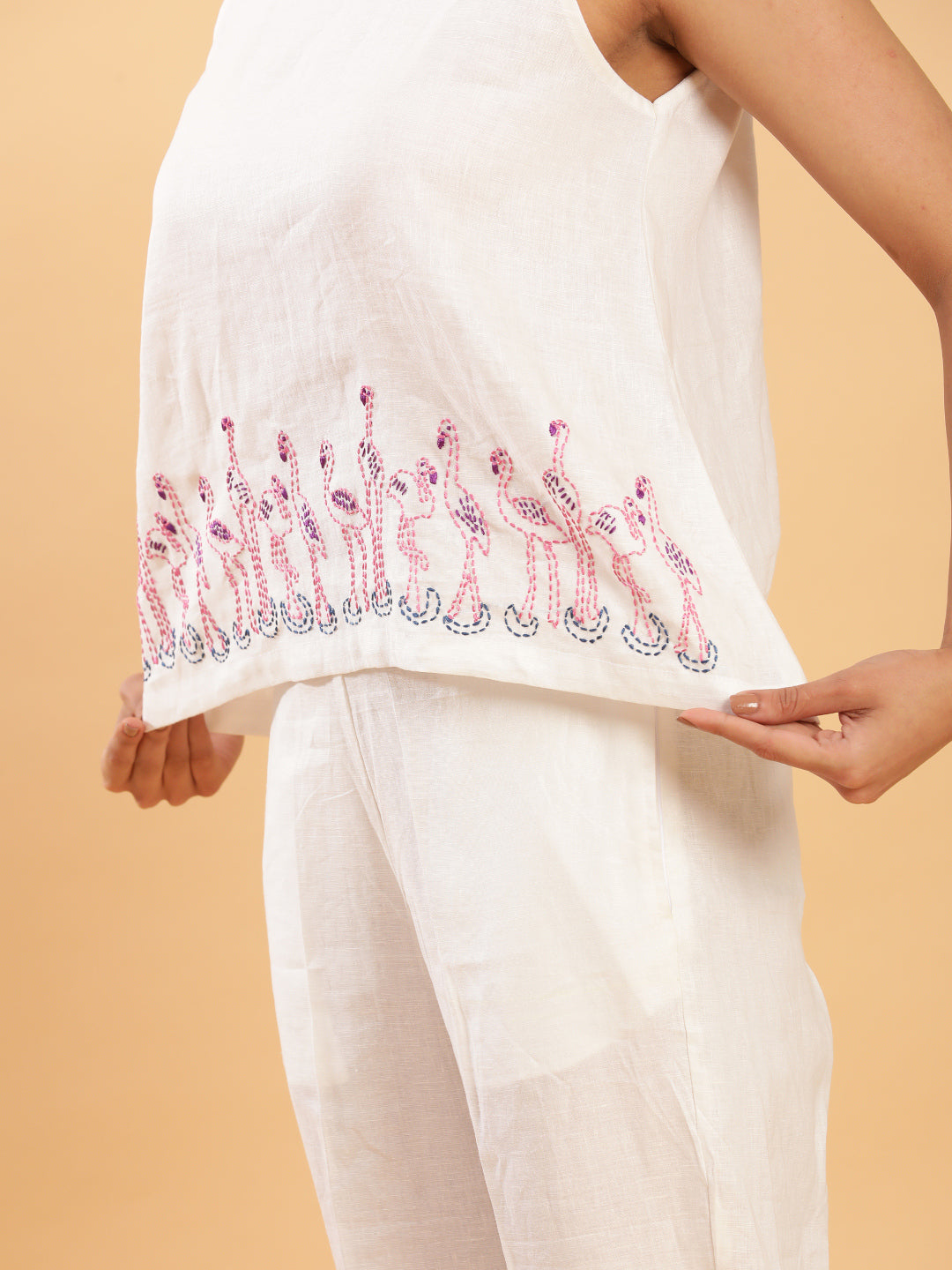 BohoJazz Flamingo Embroidered Linen Co-ord Set - Swadesiicart