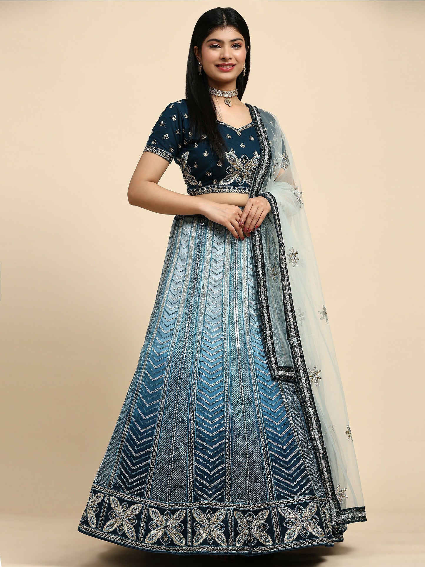 Blue Fancy Net Sequence Embroidered Lehenga Choli with Dupatta - Dhara | Swadesiicart