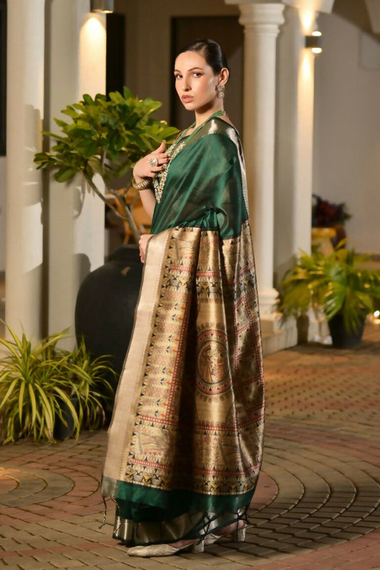 Vishnu Weaves Women's Green Soft Tussar Silk Printed Saree with Blouse - Swadesiicart