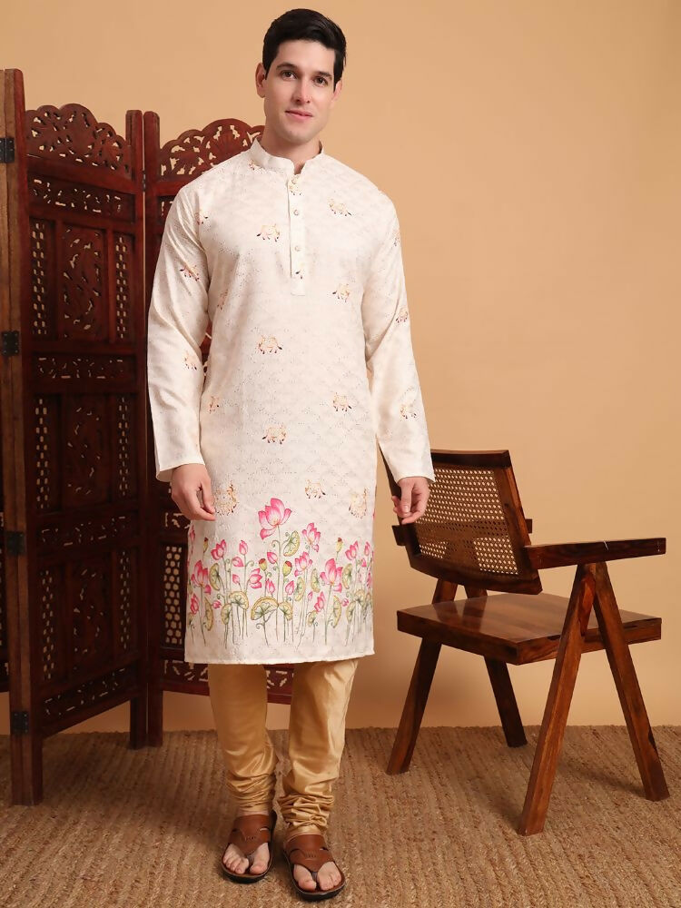 Cream Cotton Printed Chikankari Embroidery Work Kurta - Mahotsav | Swadesiicart