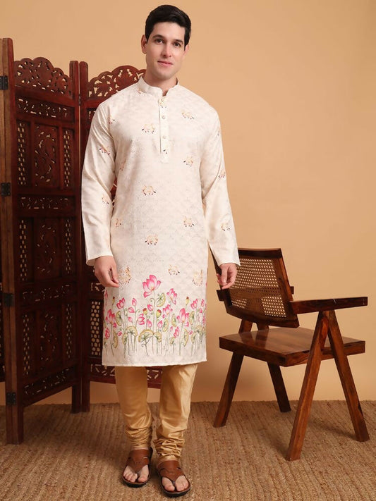 Cream Cotton Printed Chikankari Embroidery Work Kurta - Mahotsav | Swadesiicart