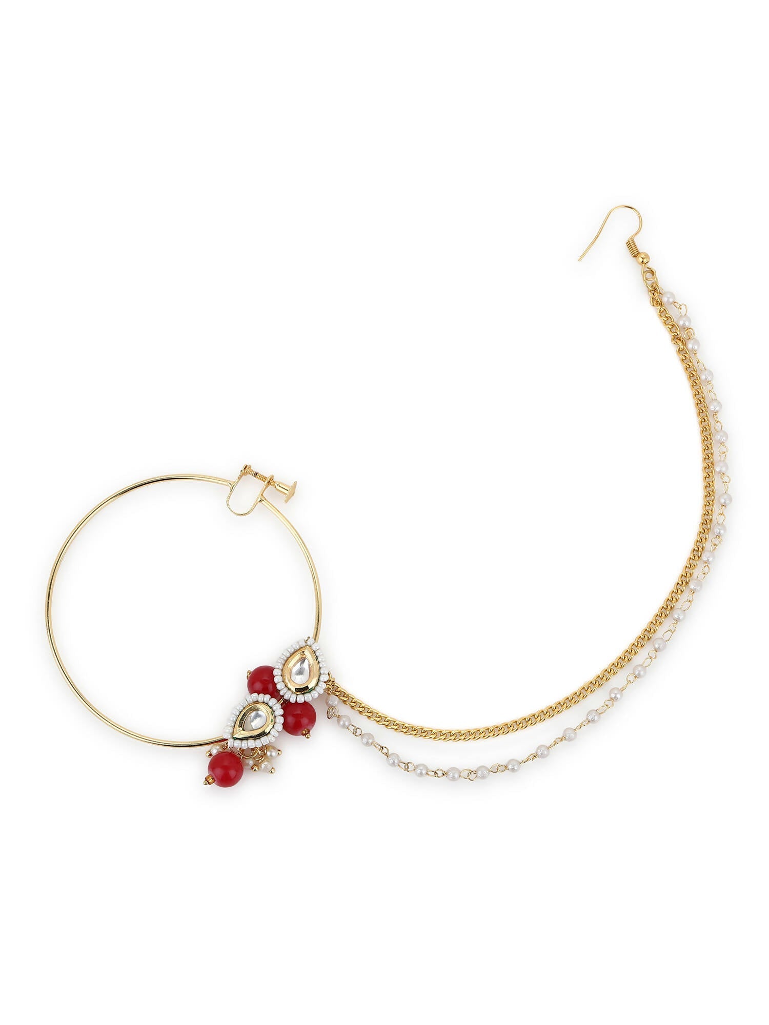 Gold-Pleated Red White Kundan Studded Beaded Nosepin - Ruby Raang | Swadesiicart