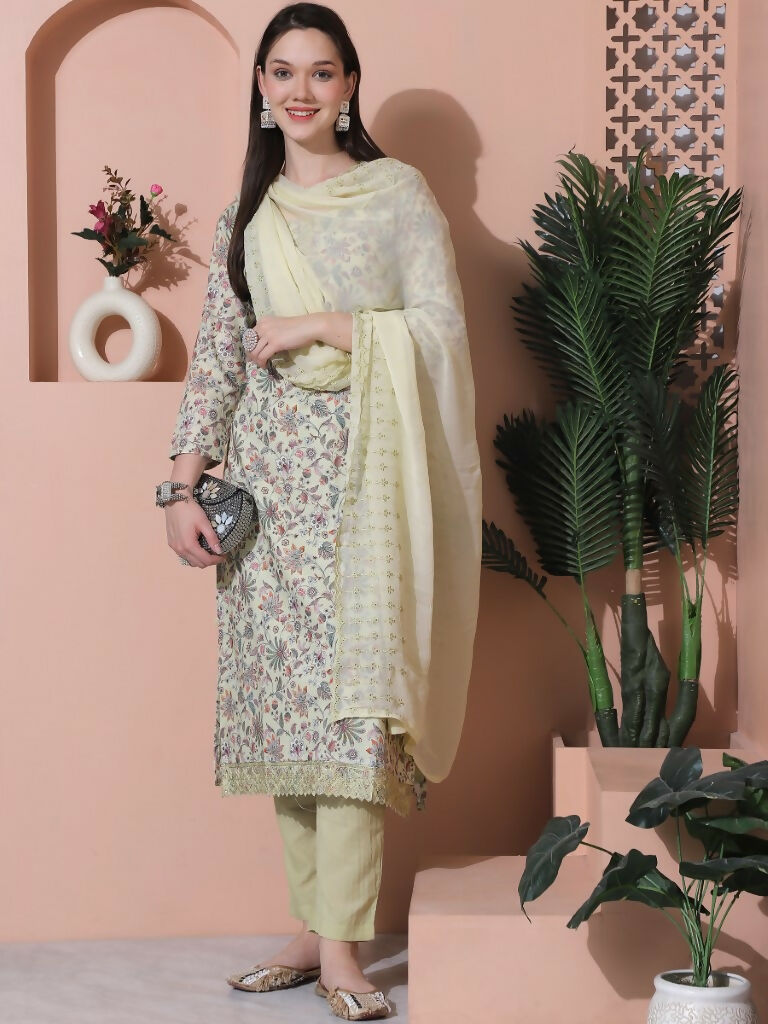 Jyoti Fashion Women's Green Cotton Floral Digital Printed Kurta with Trouser & Dupatta | Swadesiicart