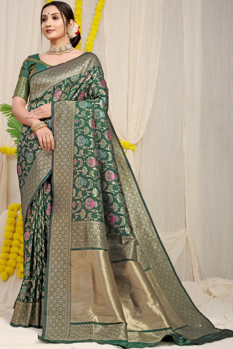 Jyoti Fashion Women's Bottle Green Kanjivaram Silk Zari Woven Saree with Blouse | Swadesiicart