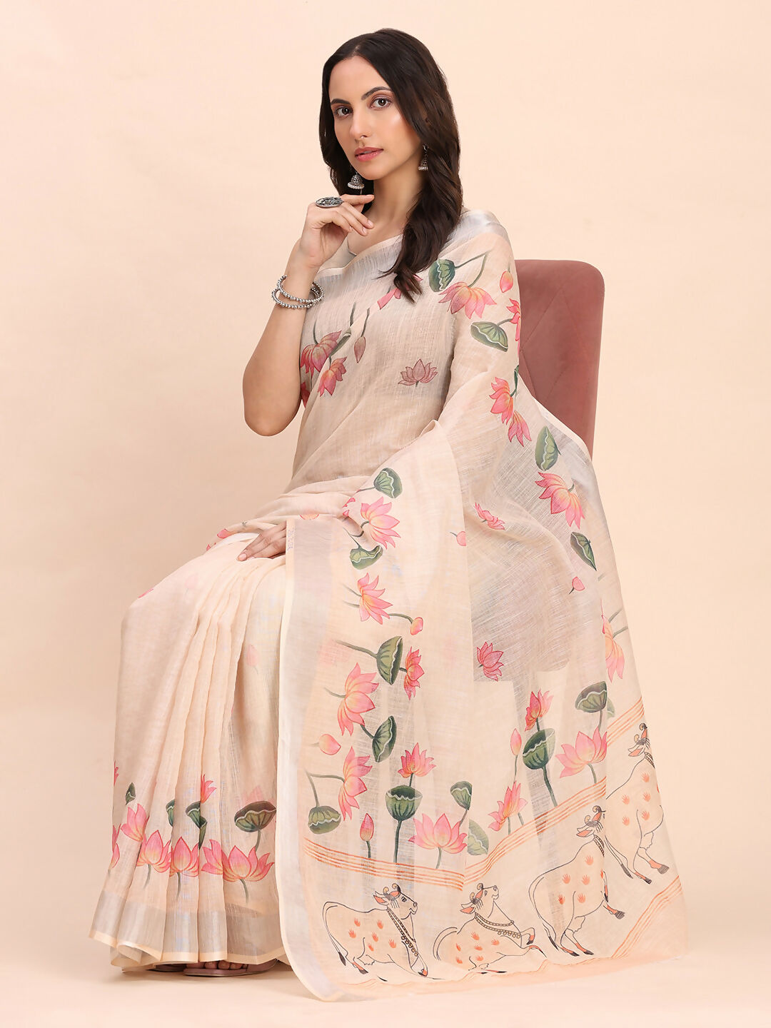 Shree Shyam Fashion Linen Cotton Peach Saree