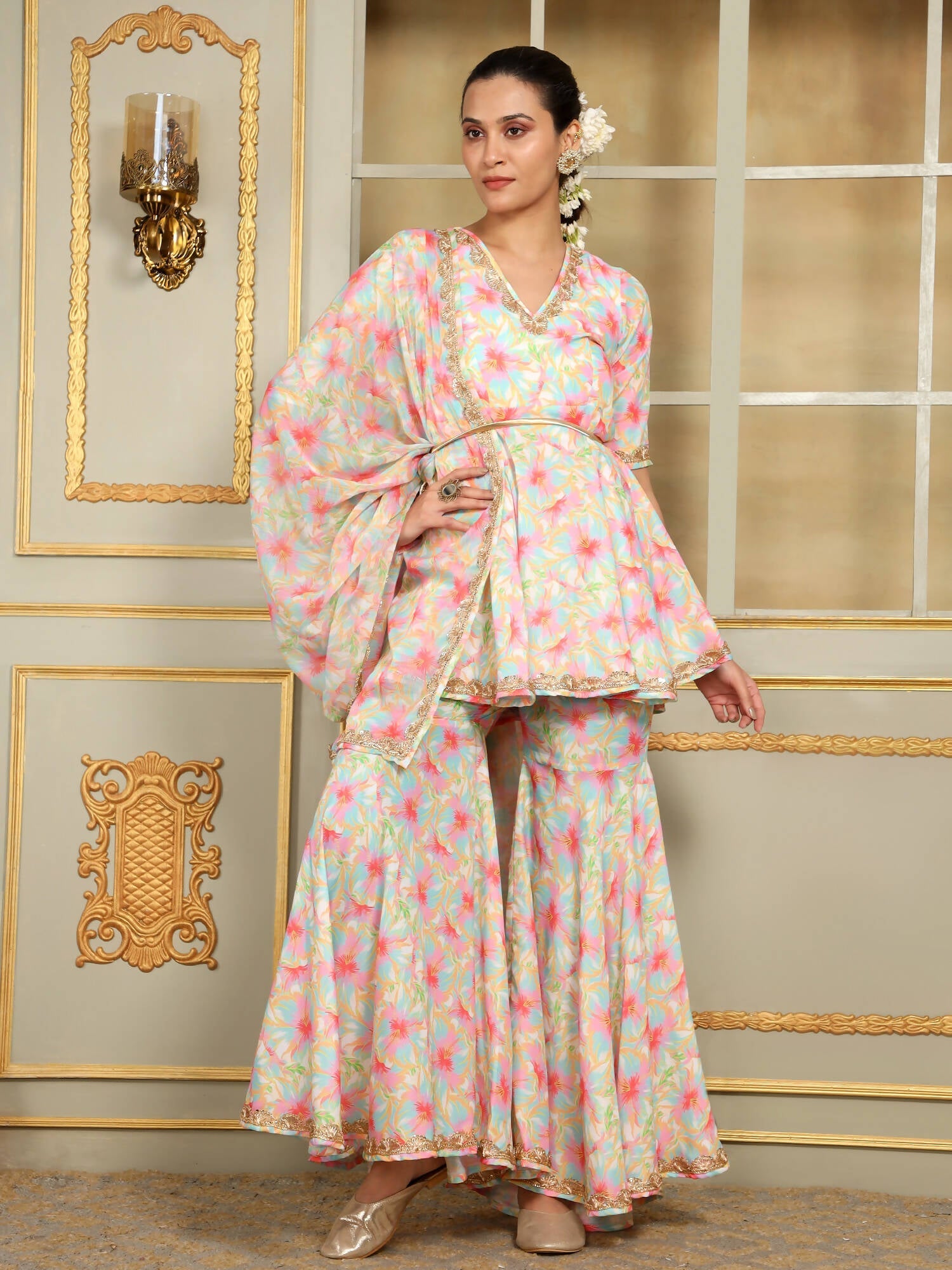 Pomcha Jaipur Pink Saadgi Gulistan Sharara Set | Swadesiicart