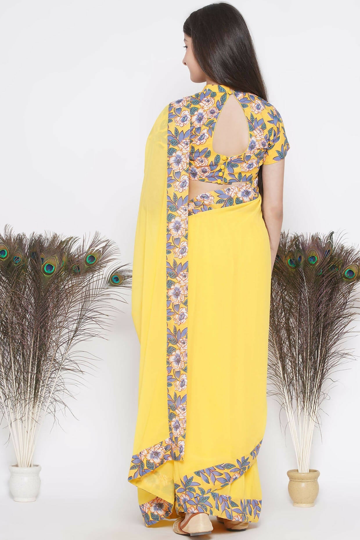 Little Bansi Floral Print Ready To Wear Saree And Floral Blouse - Yellow | Swadesiicart