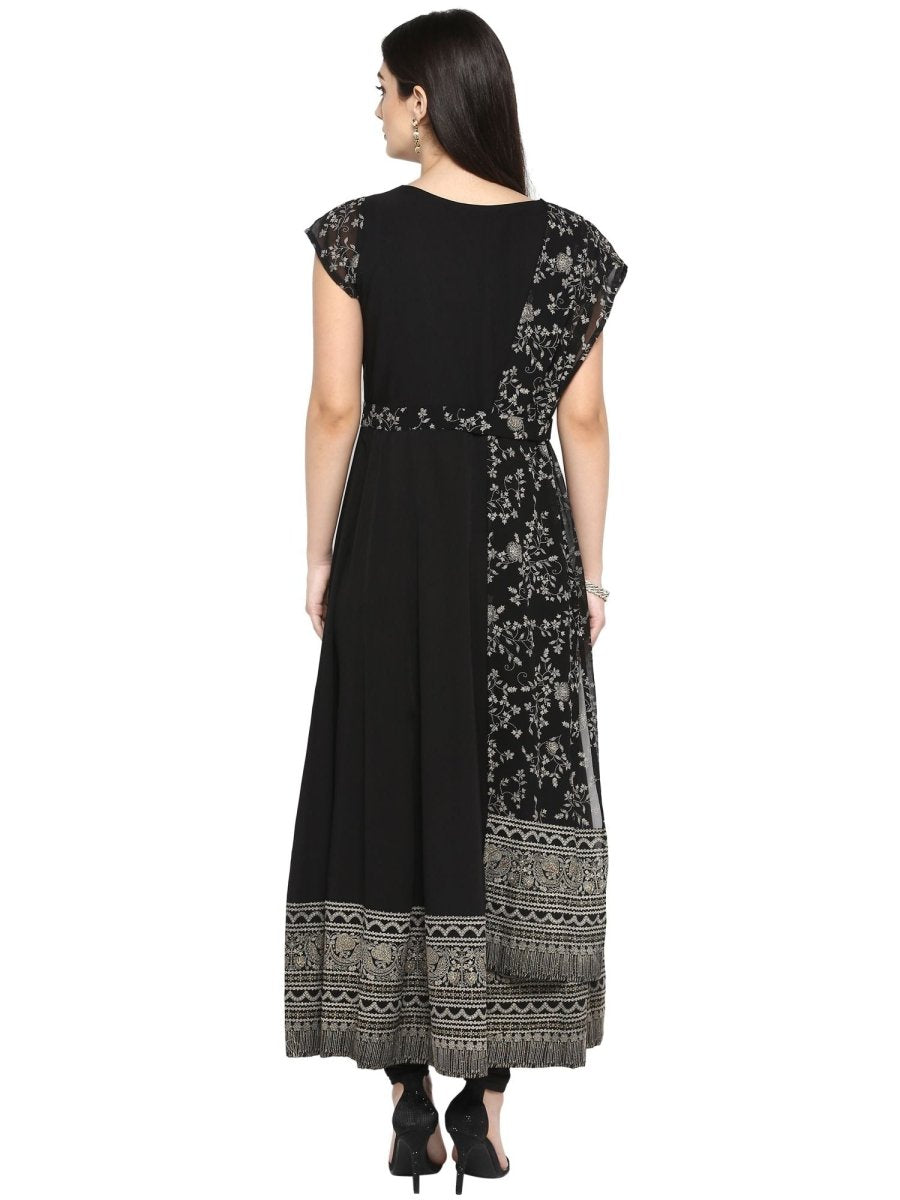 Ahalyaa Women's Black Crepe Printed Kurta With Attached Dupatta | Swadesiicart