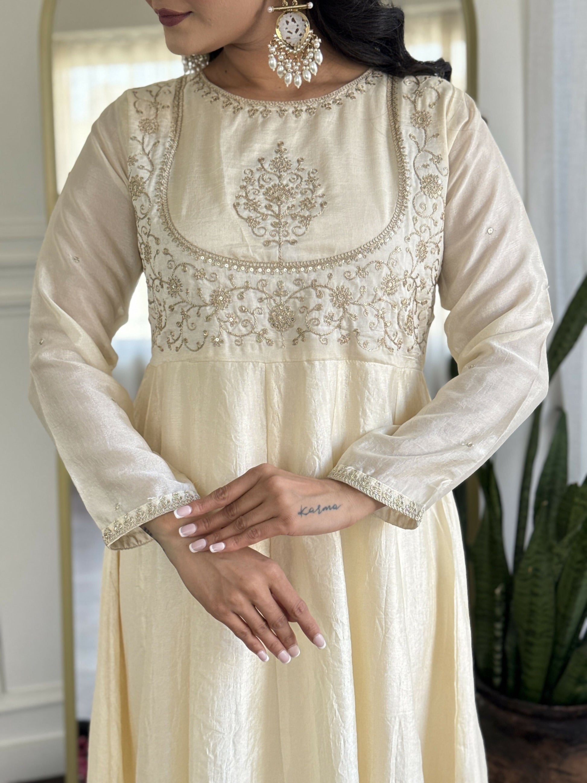 The52 CreamWomen's Gorgeous Embroidered Vichitra Silk Fabric Flared Kurta Pant with Dupatta Set - Swadesiicart