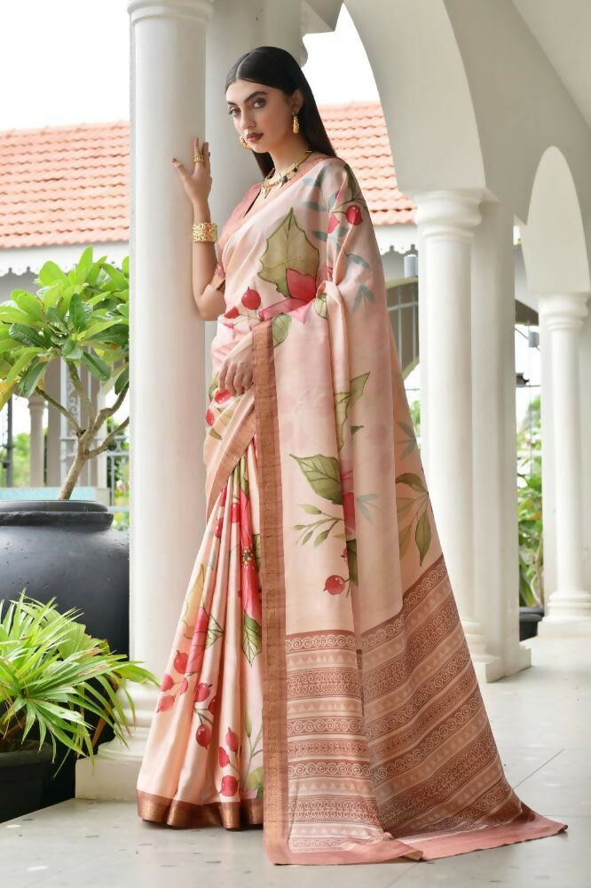 Vishnu Weaves Women's Coffee Satin Silk Printed Saree with Blouse - Swadesiicart