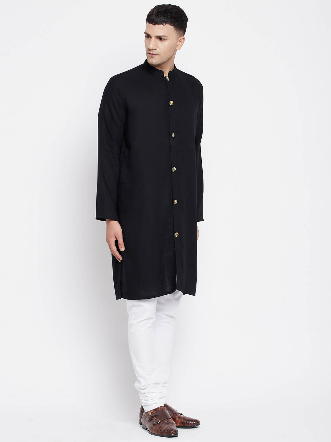 Even Apparels Black Pure Cotton Men's Sherwani Kurta With Open Front | Swadesiicart