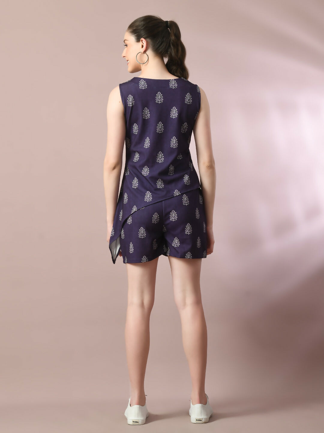 Myshka Women's Blue Printed Round Neck Party Top With Shorts Co-ord set - Swadesiicart