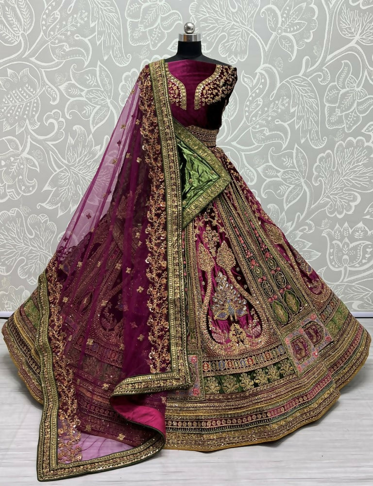 Jyoti Fashion Women's Purple Velvet Fancy Patch, Multi Thread Embroidered, Zircon Diamond, Sequins Work Wedding Lehenga Choli | Swadesiicart