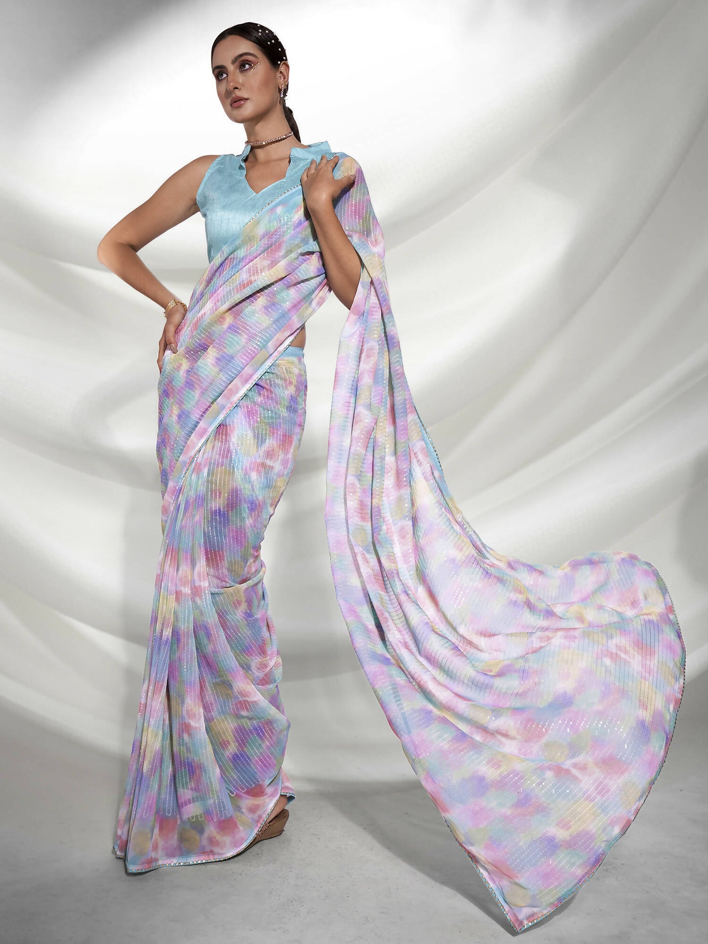 Blue Georgette Sequence Embroidery Saree With Unstitched Blouse Piece - Rajal
