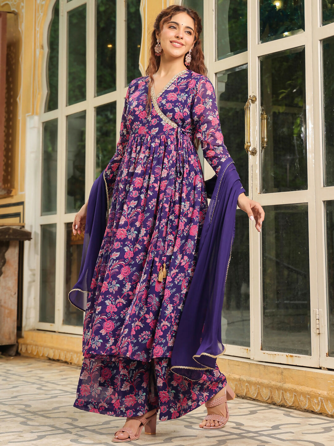 Janasya Purple Georgette Floral Kurta,Bottom & Dupatta | Swadesiicart