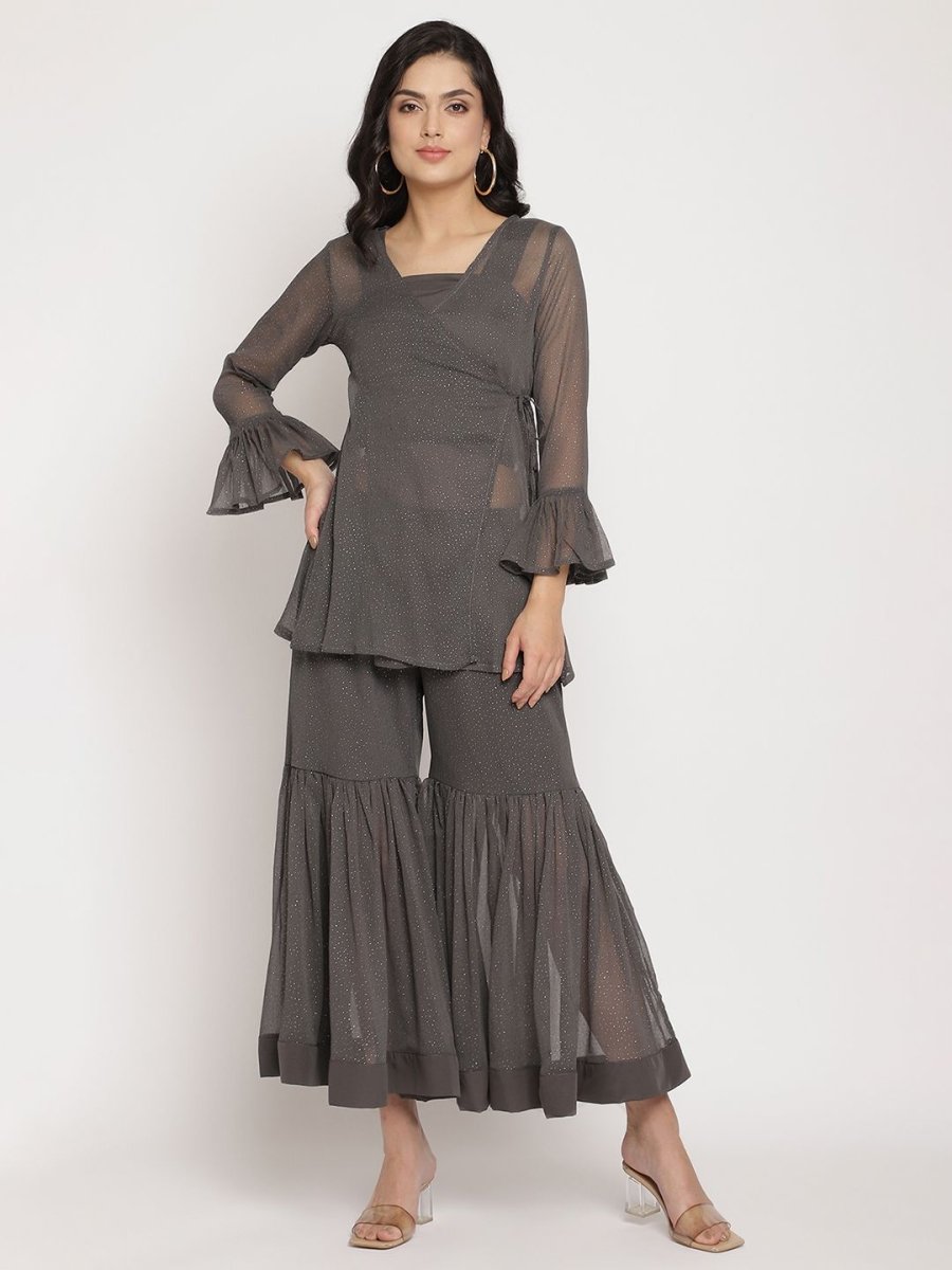 Ahalyaa Women Charcoal Grey Poly Chiffon Angrakha Kurta with Inner & Sharara | Swadesiicart