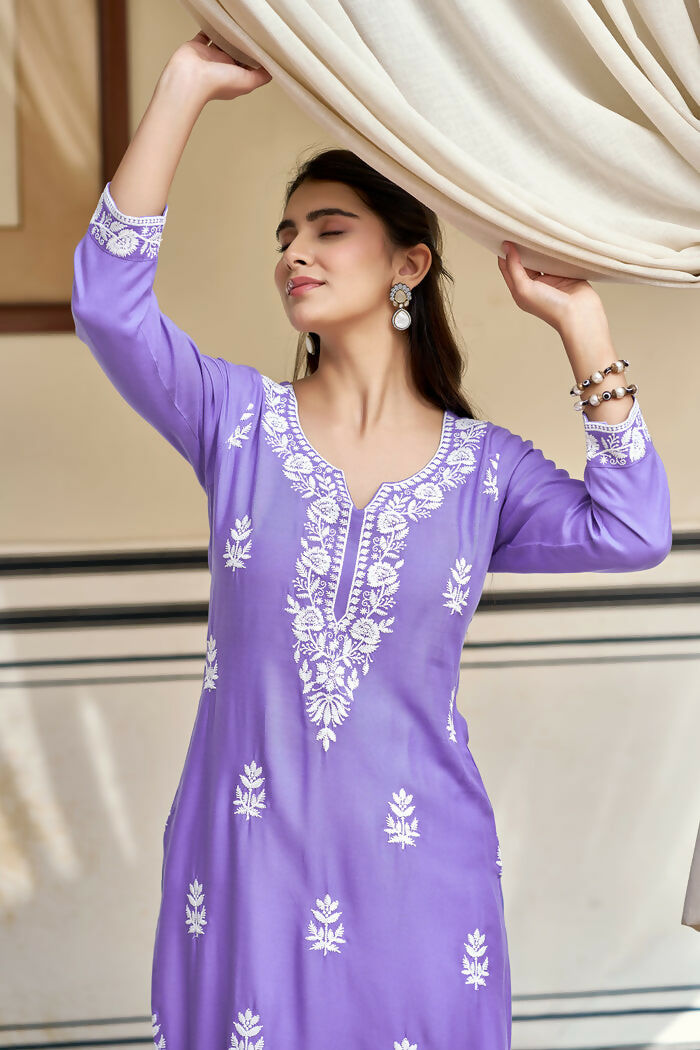 The52 Lavender Women's Gorgeous Chikankari work Pure Rayon Fabric Straight Kurta, Pant Set - Swadesiicart