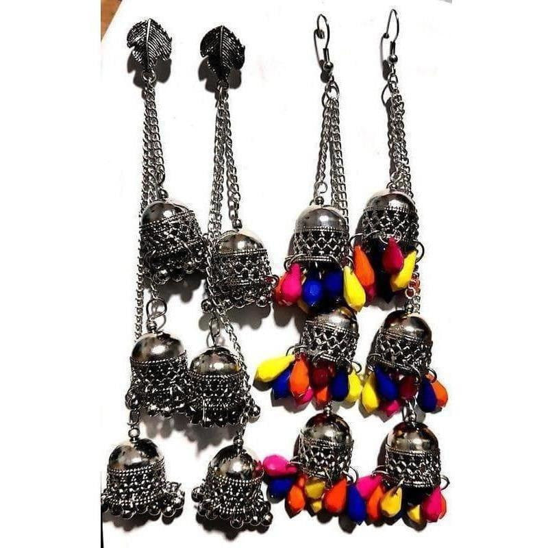 MS Fashion India Oxidised Silver Kashmiri Triple Latkan Jhumki Earrings | Swadesiicart