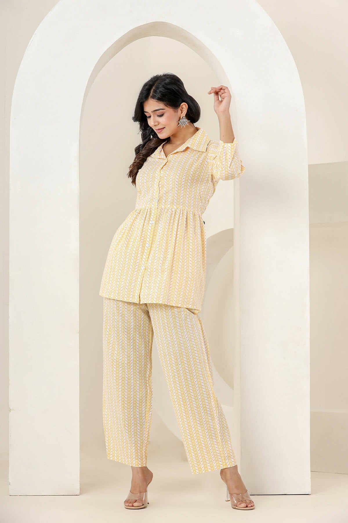 Kaajh Women's Yellow Printed Cotton Co-ord Set - Swadesiicart