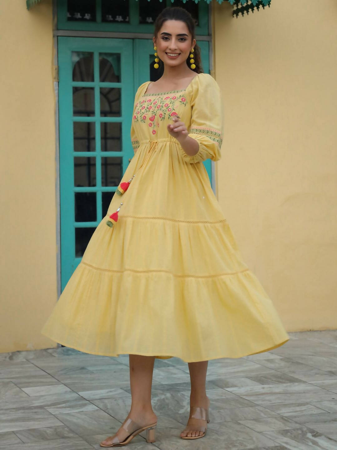 Juniper Women's Yellow Cotton Dobby Embroidered Flared Dress | Swadesiicart