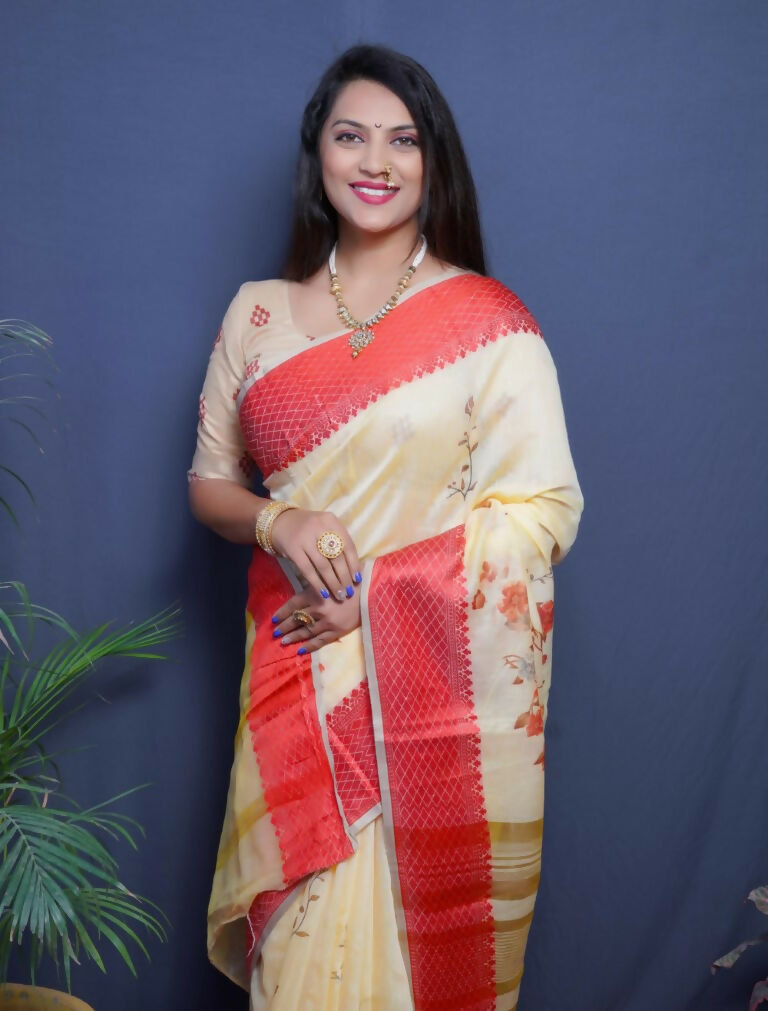 Jyoti Fashion Women's Red Linen Silk Digital Print with Jacquard Woven Border Saree with Blouse | Swadesiicart