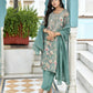 Vaasva Women's Teal Tissue Embroidered Suit Set With Solid Pant And Embroidered Dupatta | Swadesiicart