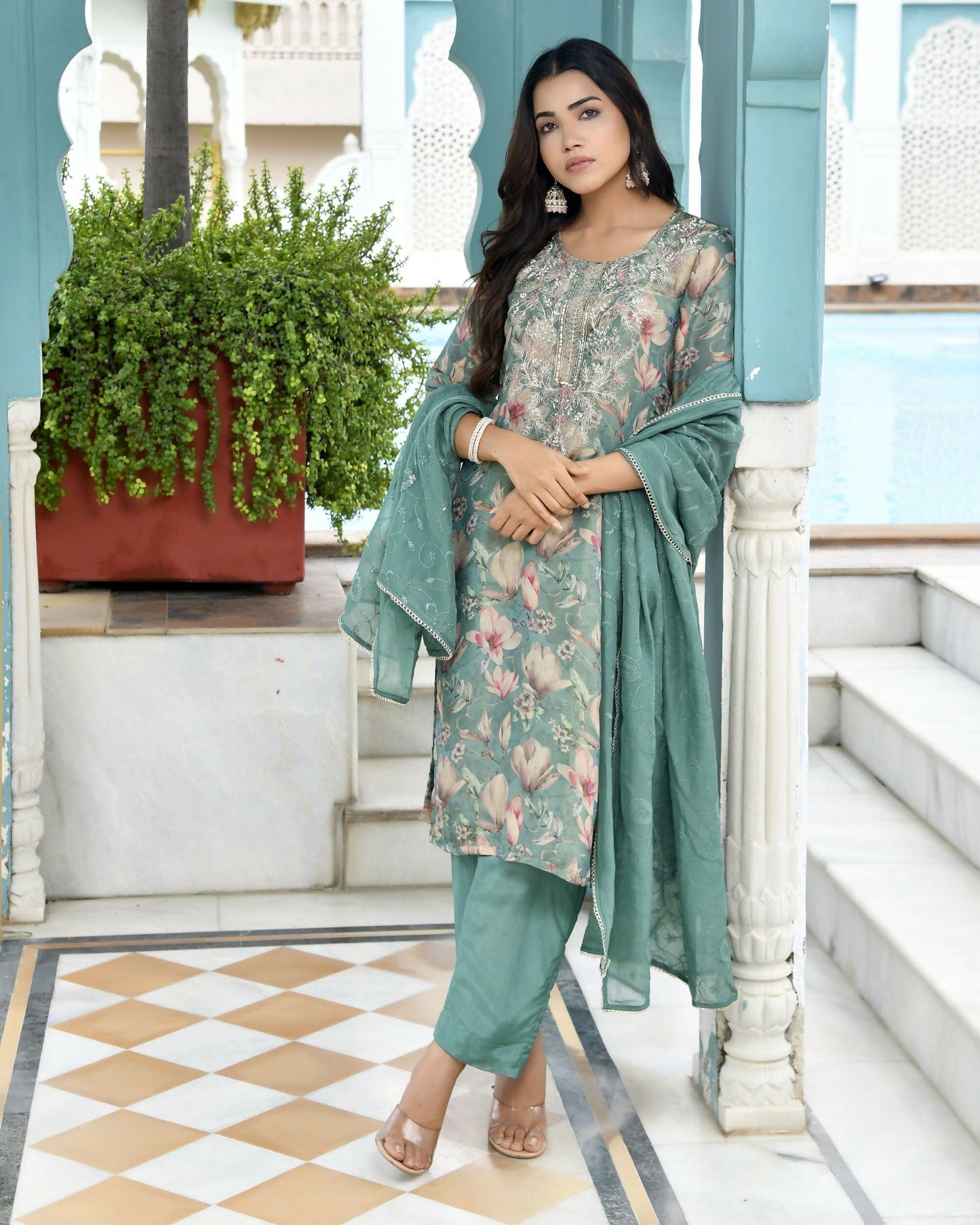 Vaasva Women's Teal Tissue Embroidered Suit Set With Solid Pant And Embroidered Dupatta | Swadesiicart