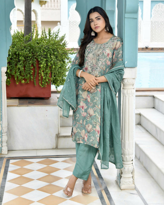 Vaasva Women's Teal Tissue Embroidered Suit Set With Solid Pant And Embroidered Dupatta | Swadesiicart