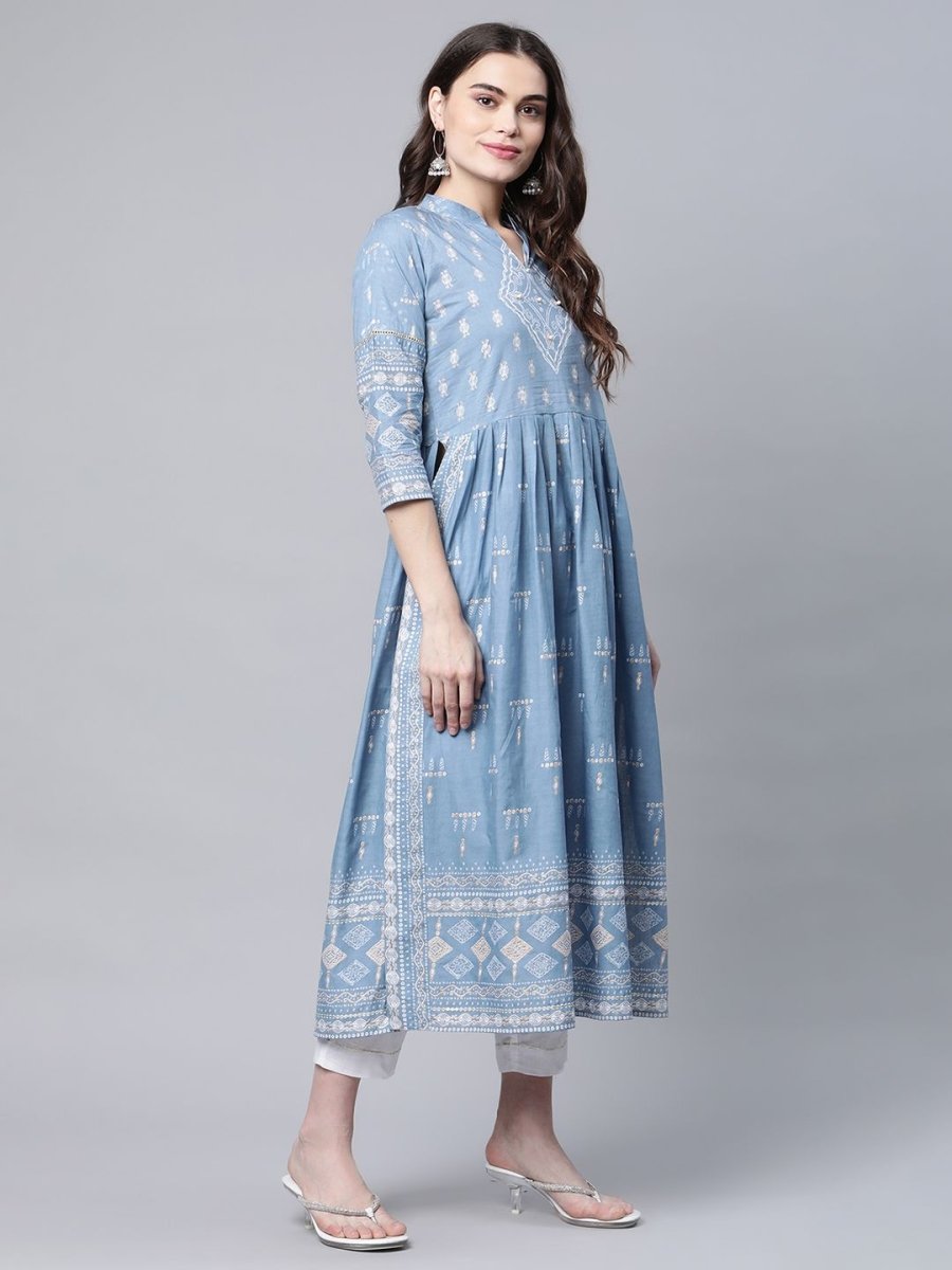 Ahalyaa Women Pastel Blue Pure Cotton Printed Kurta Pant Set With Dupatta | Swadesiicart