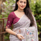 Grey Pure Linen Ethnic Motifs Saree with Unstitched Blouse - Hiral Fashion | Swadesiicart
