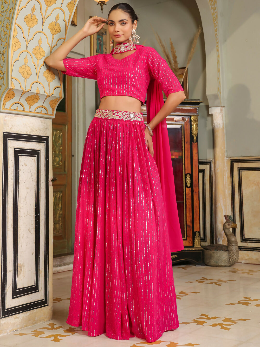 Janasya Pink Georgette Foil Print Lehenga Choli Dupatta | Swadesiicart