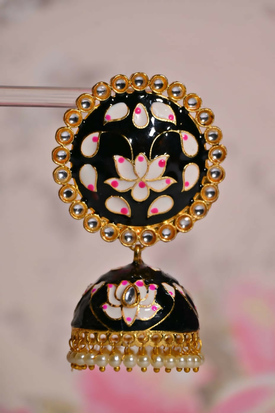 Black Round Shape Ethnic Meenakari Jhumki Earrings By House of Ree - Swadesiicart