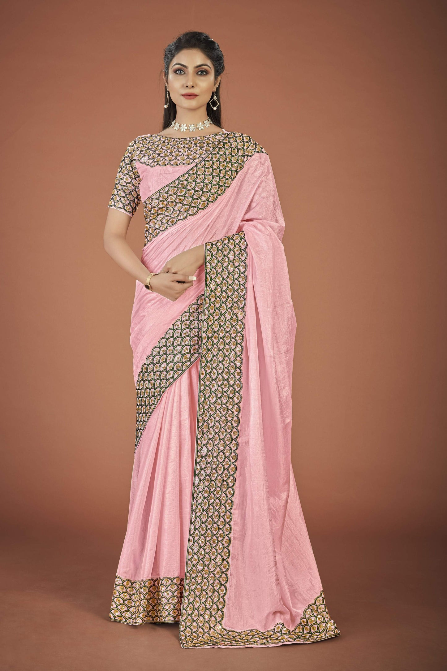 Vamsee Lata Pink Organza Saree - Swadesiicart
