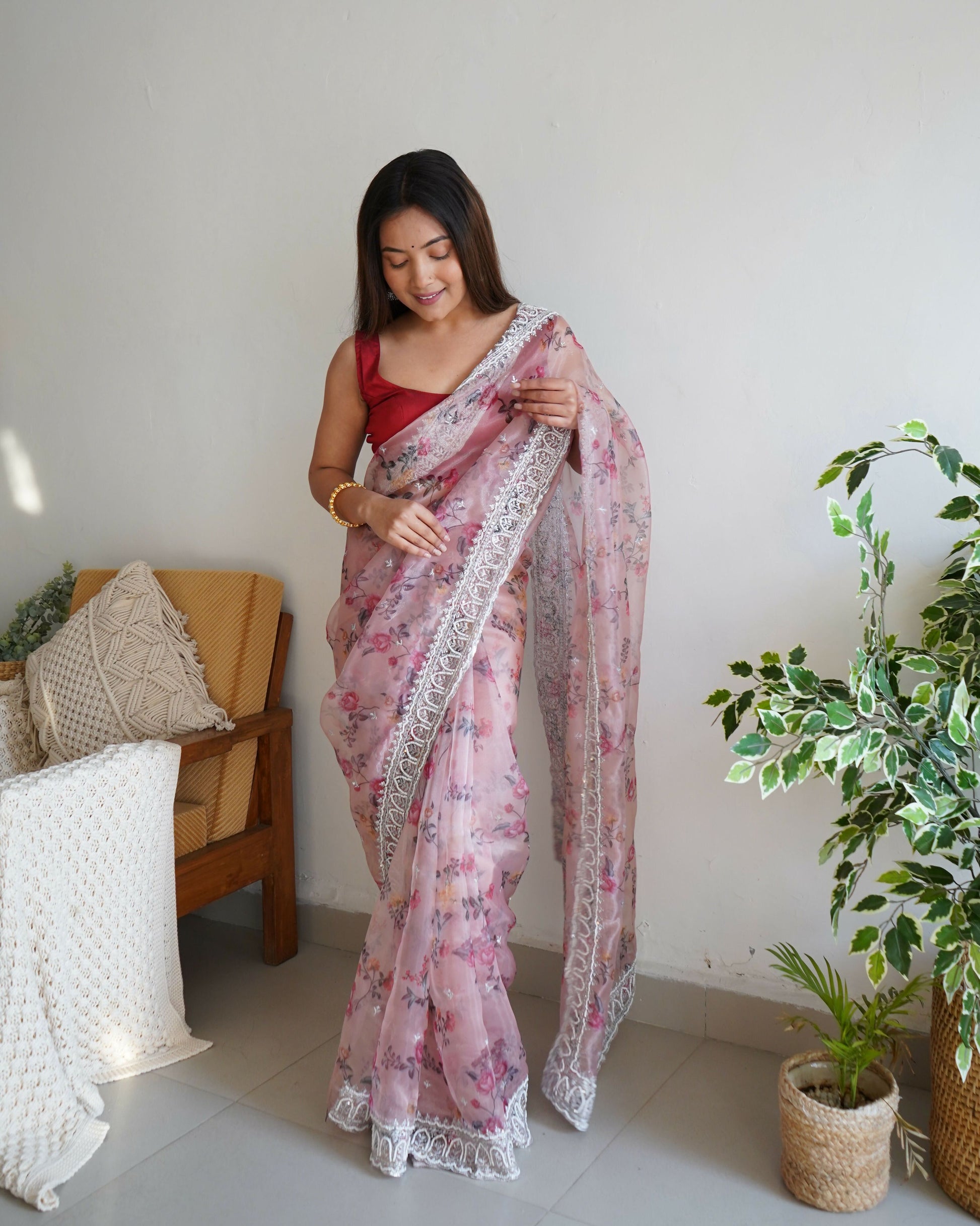 Vamsee Ferry Baby Pink Organza Saree - Swadesiicart