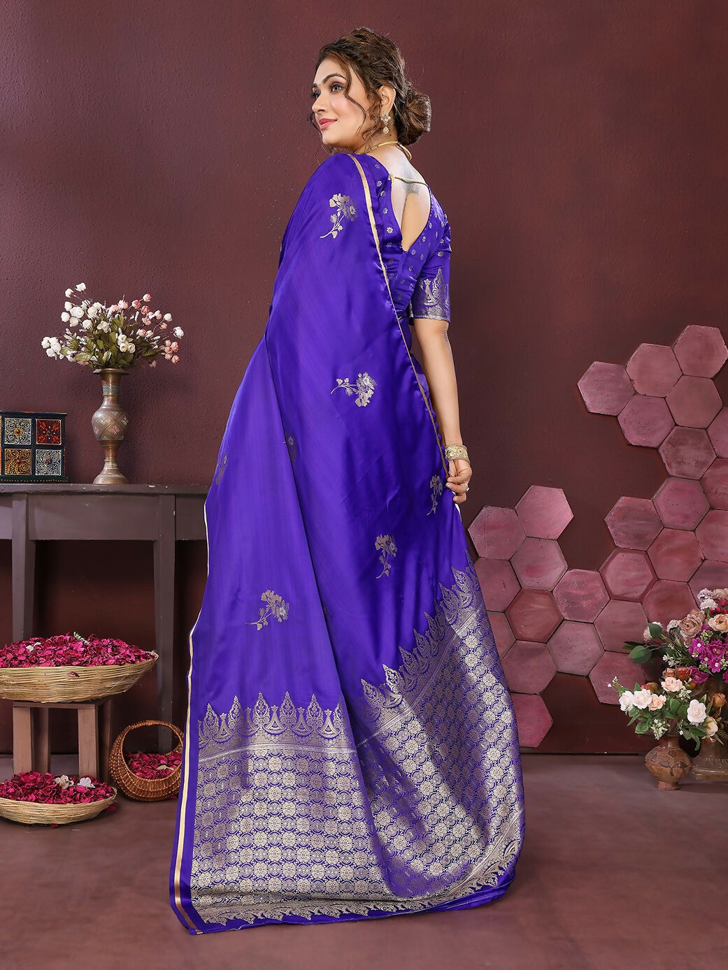 Joban Fashion Indigo Blue Floral Banarasi Silk Sarees | Swadesiicart