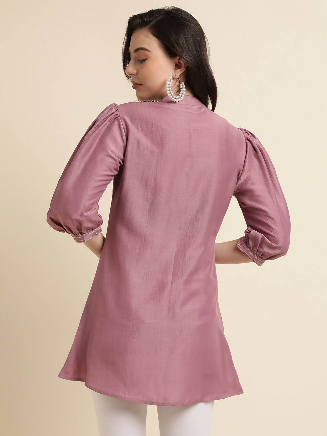 Dust Pink Chinon Yoke Embroidered A-line Top - Tarini - Swadesiicart