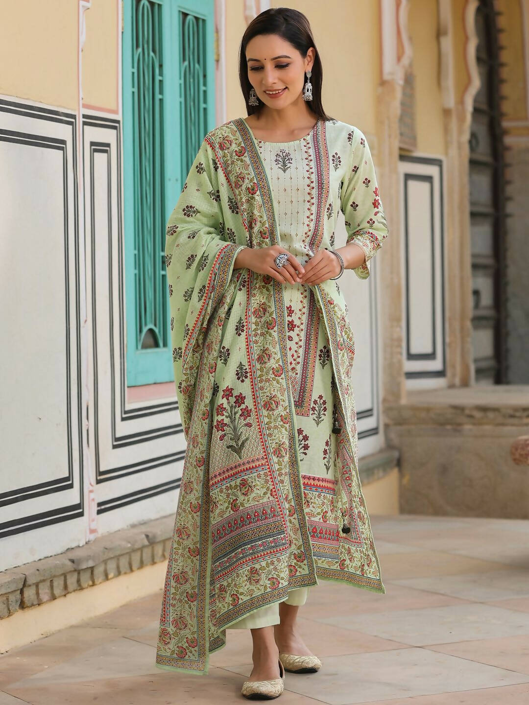 Juniper Women's Lime Green Cambric Floral Placement Printed Straight Fit Kurta Sets | Swadesiicart