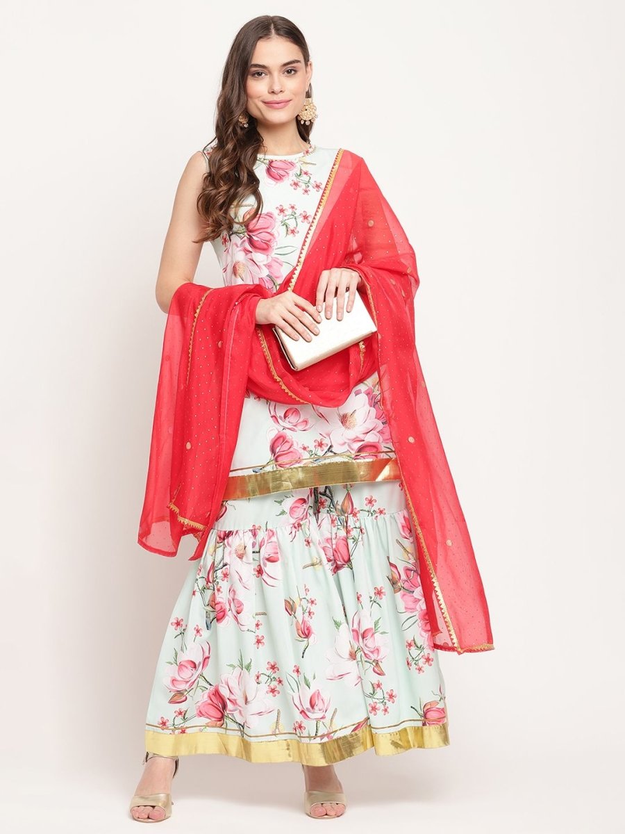 Ahalyaa Women's Mint Green Crepe Digital Floral Print Kurta Sharara Set with Dupatta | Swadesiicart
